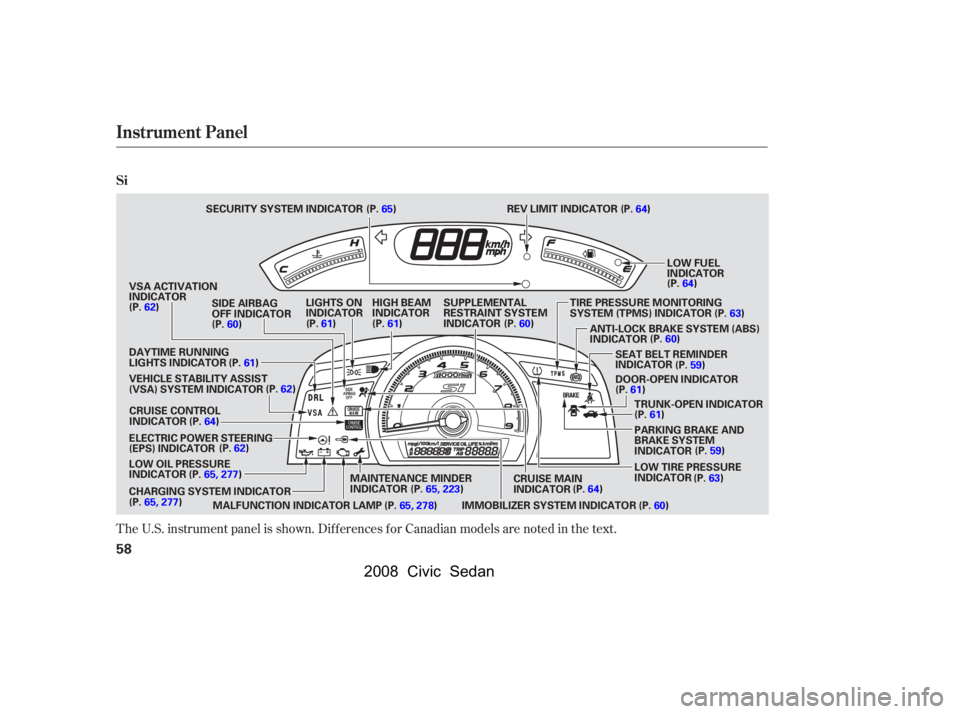 HONDA CIVIC SEDAN 2008   (in English) Repair Manual 
The U.S. instrument panel is shown. Dif f erences f or Canadian models are noted in the text.
Instrument Panel
Si
58
LOW FUEL
INDICATOR
(P.64)
MAINTENANCE MINDER
INDICATOR
(P.62)
(P.61)(P.62)
(P.64)
