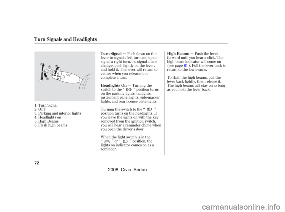 HONDA CIVIC SEDAN 2008   (in English) Manual PDF 
µµµ
Turn Signal
OFF
Parking and interior lights
Headlights on
High Beams
Flashhighbeams When the light switch is in the
‘‘ ’’ or ‘‘ ’’ position, the
lights on indicator comes on