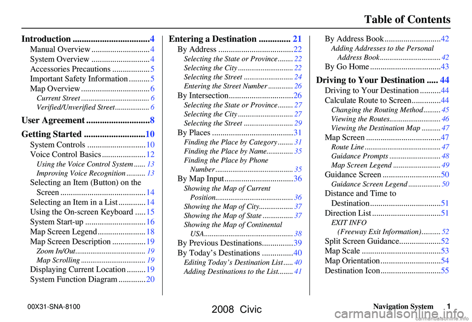 HONDA CIVIC SEDAN 2008  Navigation Manual (in English) Navigation System1
Table of Contents
Introduction ..................................4
Manual Overview ............................4
System Overview ............................4
Accessories Precaution