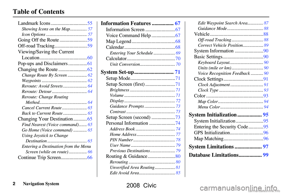 HONDA CIVIC SEDAN 2008  Navigation Manual (in English) 2Navigation System
Table of Contents
Landmark Icons .............................55
Showing Icons on the Map...............57 
Icon Options ....................................57
Going Off the Route .