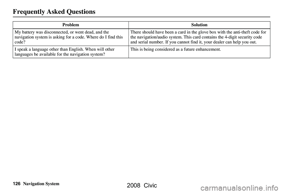 HONDA CIVIC SEDAN 2008  Navigation Manual (in English) 126Navigation System
My battery was disconnected, or went dead, and the  
navigation system is asking for 
a code. Where do I find this 
code? There should have been a card in the 
glove box with the 