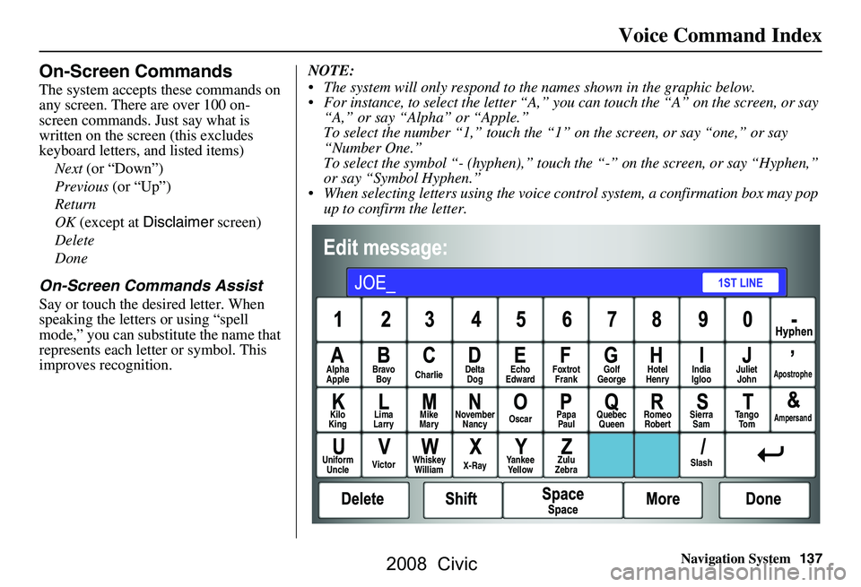 HONDA CIVIC SEDAN 2008 Navigation Manual (in English) Navigation System137
Voice Command Index
On-Screen Commands
The system accepts these commands on
any screen. There are over 100 on-
screen commands. Just say what is
written on the screen (this exc HONDA CIVIC SEDAN 2008 Navigation Manual (in English) Navigation System137
Voice Command Index
On-Screen Commands
The system accepts these commands on
any screen. There are over 100 on-
screen commands. Just say what is
written on the screen (this exc