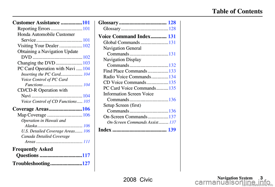 HONDA CIVIC SEDAN 2008  Navigation Manual (in English) Navigation System3
Table of Contents
Customer Assistance ................101
Reporting Errors ..........................101 
Honda Automobile Customer 
Service ......................................10