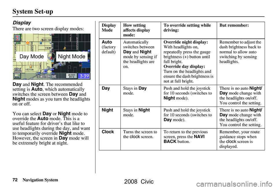 HONDA CIVIC SEDAN 2008  Navigation Manual (in English) 72Navigation System
System Set-up
Display
There are two screen display modes: 
Day and  Night . The recommended 
setting is  Auto, which automatically 
switches the screen between  Day and 
Night  mod