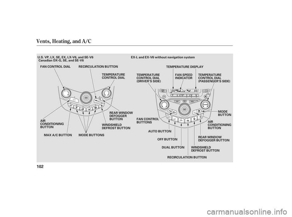 HONDA ACCORD SEDAN 2007  Owners Manual (in English) Vents, Heating, and A/C
102
TEMPERATURE
CONTROL DIAL
MAX A/C BUTTON REAR WINDOW
DEFOGGER BUTTON
TEMPERATURE
CONTROL DIAL
(DRIVER’S SIDE)
FAN CONTROL
BUTTONS
TEMPERATURE
CONTROL DIAL
(PASSENGER’S S