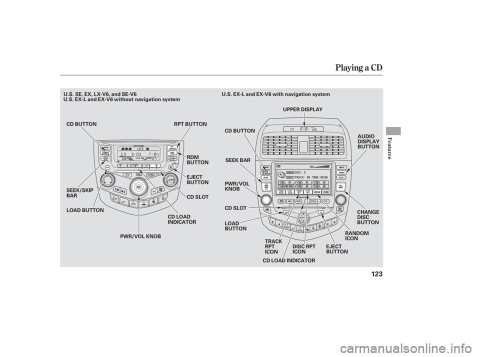 HONDA ACCORD SEDAN 2007  Owners Manual (in English) Playing a CD
Features
123
AUDIO
DISPLAY
BUTTON
SEEK/SKIP
BAR CD LOAD
INDICATORCD BUTTON
SEEK BAR
PWR/VOL
KNOB
LOAD
BUTTON CD SLOT
CD LOAD INDICATOR RANDOM
ICON
EJECT
BUTTON
LOAD BUTTON RPT BUTTON
RDM

