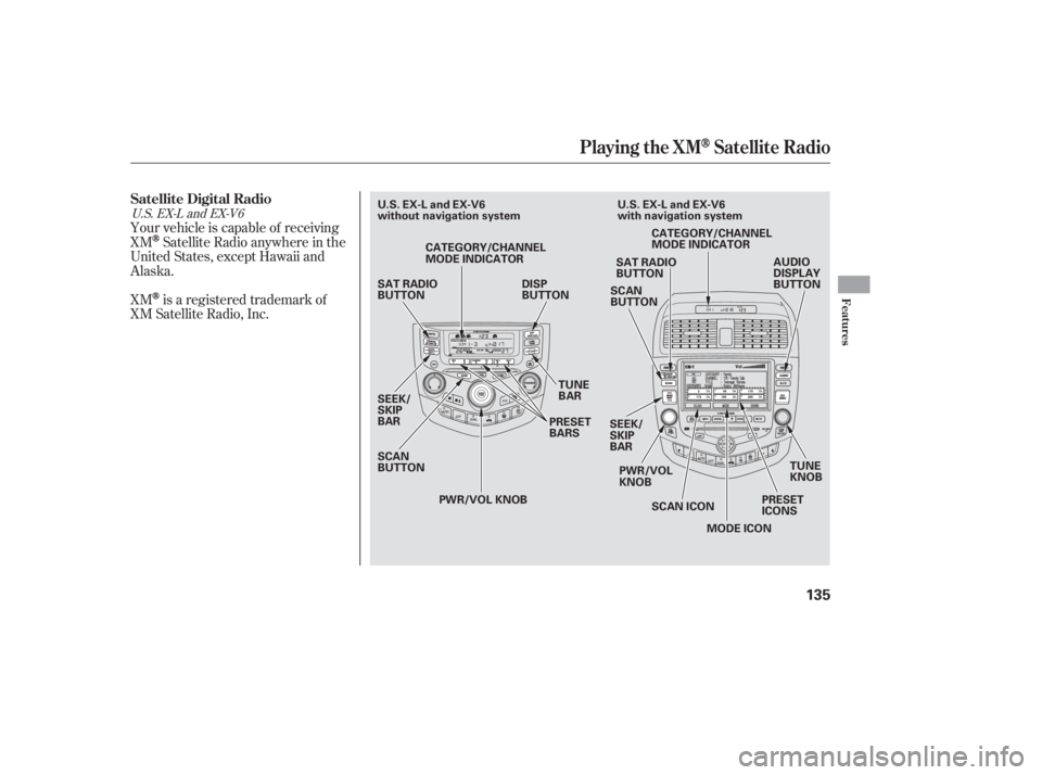 HONDA ACCORD SEDAN 2007 Owners Manual (in English) XMis a registered trademark of
XM Satellite Radio, Inc. Your vehicle is capable of receiving
XM
Satellite Radio anywhere in the
United States, except Hawaii and
Alaska.
U.S. EX-L and EX-V6
Satellite D HONDA ACCORD SEDAN 2007 Owners Manual (in English) XMis a registered trademark of
XM Satellite Radio, Inc. Your vehicle is capable of receiving
XM
Satellite Radio anywhere in the
United States, except Hawaii and
Alaska.
U.S. EX-L and EX-V6
Satellite D