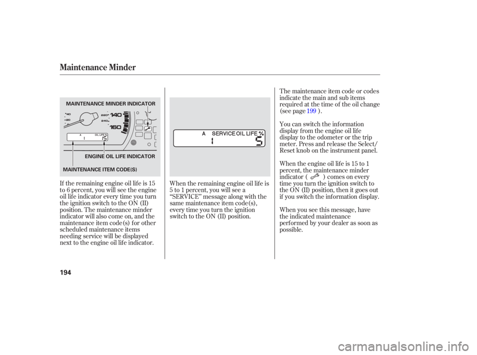 HONDA ACCORD SEDAN 2007  Owners Manual (in English) If the  rem aining  engine  oil life  is 15
to  6 percent,  you will see the engine
oil  life  indicator  every time you turn
the  ignition  switch to the  ON  (II)
position.  The maintenance  minder
