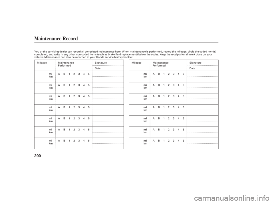 HONDA ACCORD SEDAN 2007 Owners Manual (in English) Maintenance Record
200
mi
mi
mi
mi
mi
mi
mimi
mi
mi
mi
mi
mi
mi
Maintenance
Performed
AB12345
AB12345
AB12345
AB12345
AB12345
AB12345
AB12345 Signature
Date
Maintenance
Performed
AB12345
AB12345
AB123 HONDA ACCORD SEDAN 2007 Owners Manual (in English) Maintenance Record
200
mi
mi
mi
mi
mi
mi
mimi
mi
mi
mi
mi
mi
mi
Maintenance
Performed
AB12345
AB12345
AB12345
AB12345
AB12345
AB12345
AB12345 Signature
Date
Maintenance
Performed
AB12345
AB12345
AB123