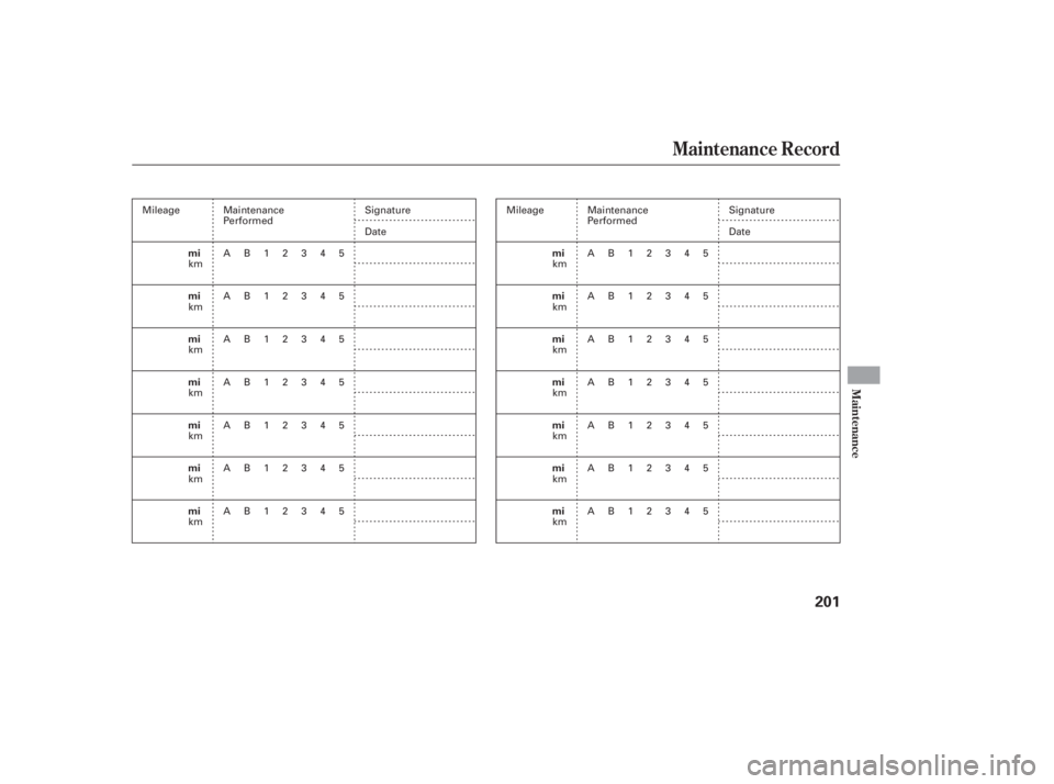 HONDA ACCORD SEDAN 2007 Owners Manual (in English) Maintenance Record
Maint enance
201
mi
mi
mi
mi
mi
mi
mimi
mi
mi
mi
mi
mi
mi
Maintenance
Performed
AB12345
AB12345
AB12345
AB12345
AB12345
AB12345
AB12345 Signature
Date
Maintenance
Performed
AB12345
HONDA ACCORD SEDAN 2007 Owners Manual (in English) Maintenance Record
Maint enance
201
mi
mi
mi
mi
mi
mi
mimi
mi
mi
mi
mi
mi
mi
Maintenance
Performed
AB12345
AB12345
AB12345
AB12345
AB12345
AB12345
AB12345 Signature
Date
Maintenance
Performed
AB12345