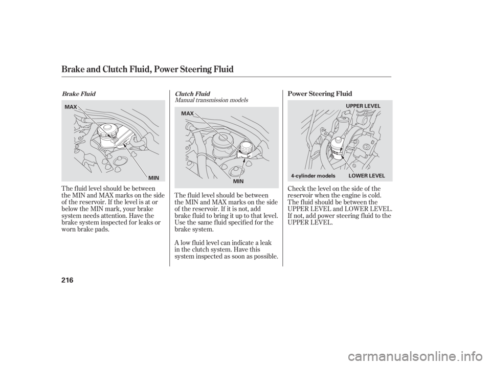 HONDA ACCORD SEDAN 2007  Owners Manual (in English) The f luid level should be between
theMINandMAXmarksontheside
of the reservoir. If the level is at or
below the MIN mark, your brake
system needs attention. Have the
brake system inspected f or leaks 