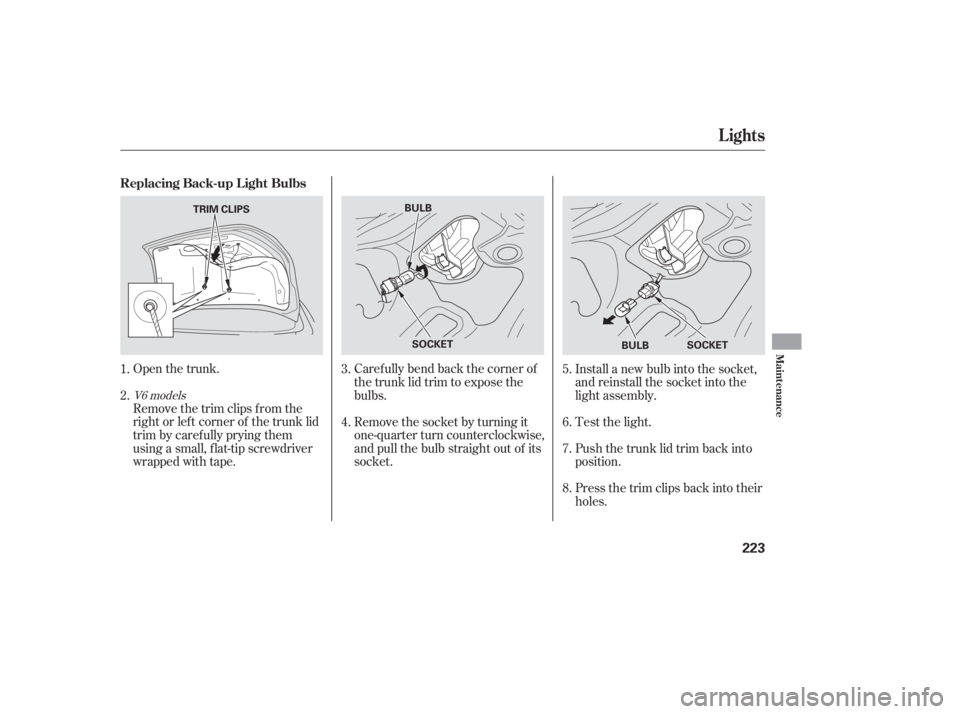 HONDA ACCORD SEDAN 2007 Owners Manual (in English) Open the trunk.
Remove the trim clips f rom the
right or lef t corner of the trunk lid
trim by caref ully prying them
using a small, f lat-tip screwdriver
wrapped with tape.Caref ully bend back the co HONDA ACCORD SEDAN 2007 Owners Manual (in English) Open the trunk.
Remove the trim clips f rom the
right or lef t corner of the trunk lid
trim by caref ully prying them
using a small, f lat-tip screwdriver
wrapped with tape.Caref ully bend back the co