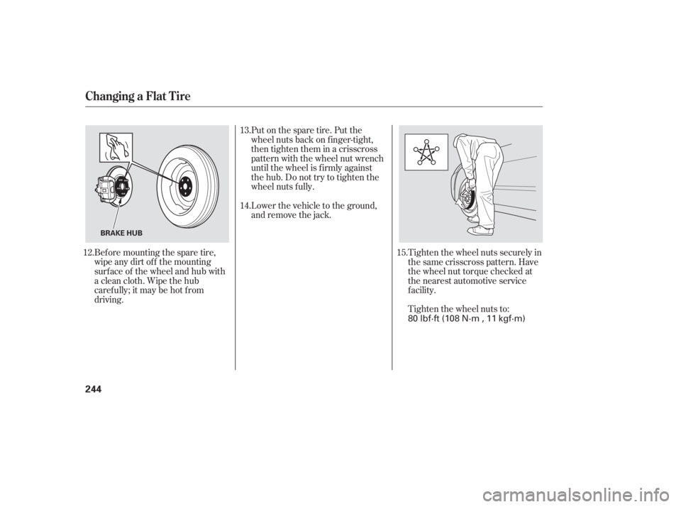 HONDA ACCORD SEDAN 2007 Owners Manual (in English) Bef ore mounting the spare tire,
wipeanydirtoff themounting
surface of the wheel and hub with
a clean cloth. Wipe the hub
carefully;itmaybehotfrom
driving.Put on the spare tire. Put the
wheel nuts bac HONDA ACCORD SEDAN 2007 Owners Manual (in English) Bef ore mounting the spare tire,
wipeanydirtoff themounting
surface of the wheel and hub with
a clean cloth. Wipe the hub
carefully;itmaybehotfrom
driving.Put on the spare tire. Put the
wheel nuts bac