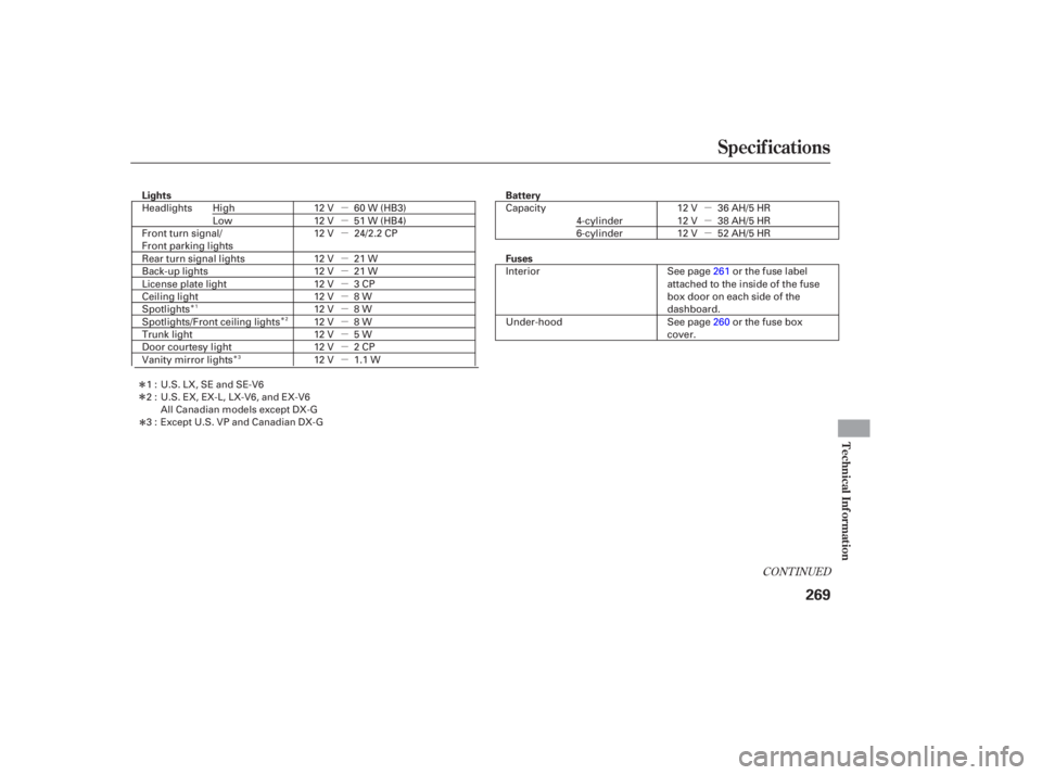 HONDA ACCORD SEDAN 2007  Owners Manual (in English) CONTINUED
Specifications
Technical Inf ormat ion
269
U.S. LX, SE

and SE-V6
1:
2:
3: U.S.EX,EX-L,LX-V6,andEX-V6
All Canadian models except DX-G
Except U.S. VP and Canadian DX-G
Î
Î
Î
µ
µ
µ