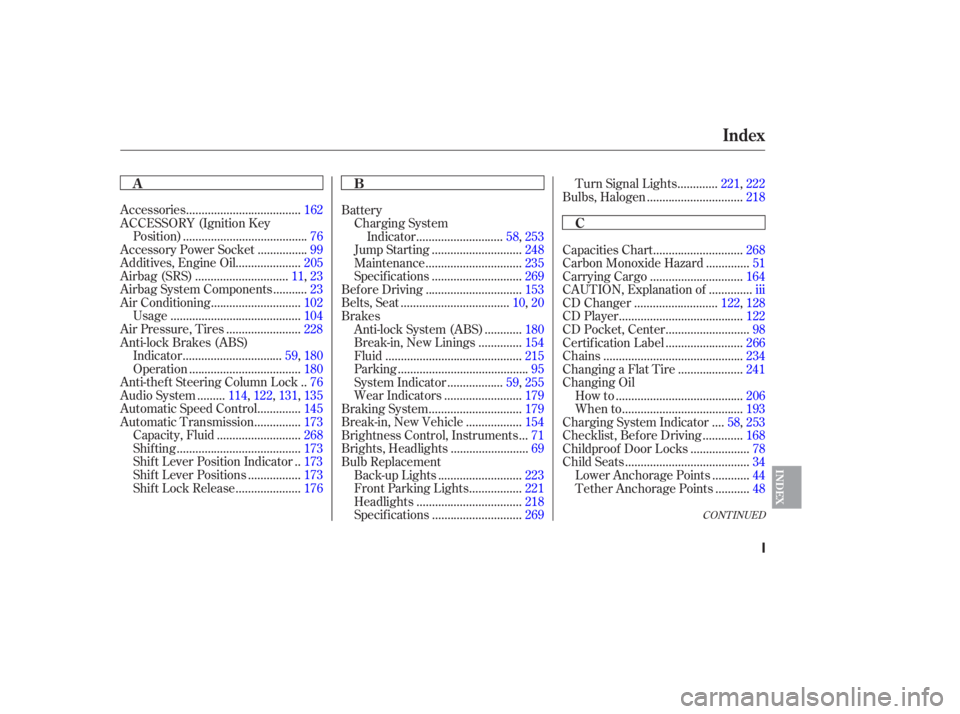 HONDA ACCORD SEDAN 2007  Owners Manual (in English) CONT INUED
....................................
Accessories .162
ACCESSORY (Ignition Key .......................................
Position) .76
...............
Accessory Power Socket . 99
.............