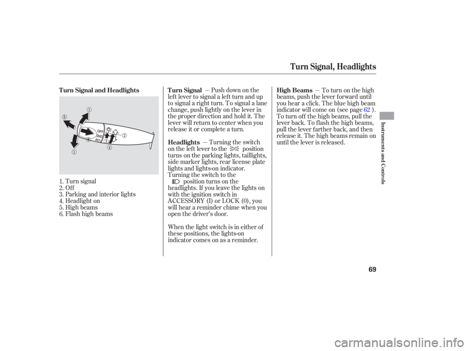 HONDA ACCORD SEDAN 2007   (in English) Repair Manual Turn signal
Off
Parking  and interior  lights
Headlight  on
High  beams
Flashhighbeams Push 
down  on the
left  lever  to signal  a left  turn  and  up
to  signal  a right  turn. To signal  a lane
cha