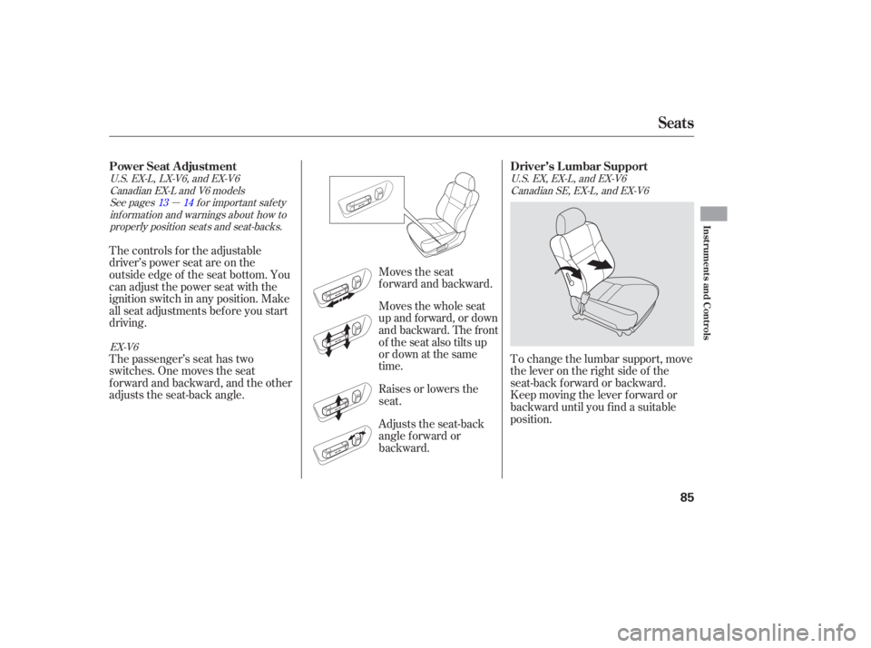 HONDA ACCORD SEDAN 2007   (in English) Manual Online Raises or lowers  the
seat.
Adjusts  the seat-back
angle  forward  or
backward. Movesthe whole seat
up and forward, or down 
and backward. The front
of the seat also tilts up  Moves  the seat
fo rward