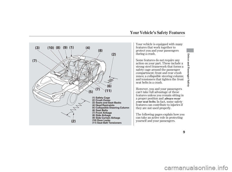 HONDA ACCORD SEDAN 2007  Owners Manual (in English) Your vehicle is equipped with many
features that work together to
protect you and your passengers
during a crash.
The f ollowing pages explain how you
cantakeanactiveroleinprotecting
yourself and your