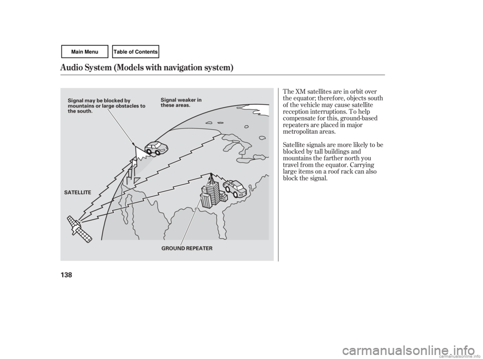 HONDA CIVIC SEDAN 2007  Owners Manual (in English) The XM satellites are in orbit over
the equator; therefore, objects south
of the vehicle may cause satellite
reception interruptions. To help
compensate f or this, ground-based
repeaters are placed in