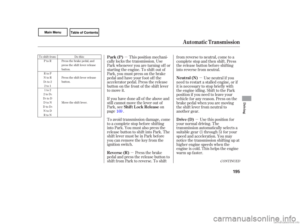 HONDA CIVIC SEDAN 2007  Owners Manual (in English) µµ µµTo 
shift  from:
PtoR
RtoP
NtoR
Dto2 2to1
1to2
2toD
DtoD DtoN
DtoD NtoDRtoN Do 
this:
Press  the brake  pedal,  and
press  the shift  lever  release
button.
Press  the shift  lever  relea