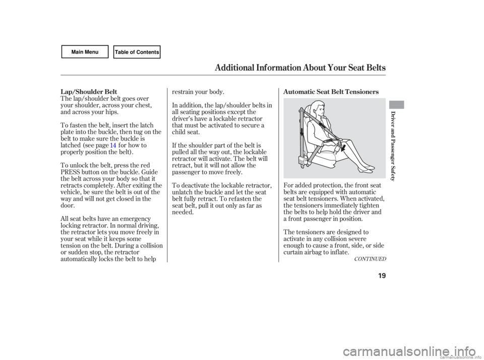 HONDA CIVIC SEDAN 2007   (in English) Owners Guide CONTINUED
For added  protection,  the front  seat
belts  are equipped  with automatic
seat  belt tensioners.  When activated,
the  tensioners  immediately  tighten
the  belts  to help  hold  the drive