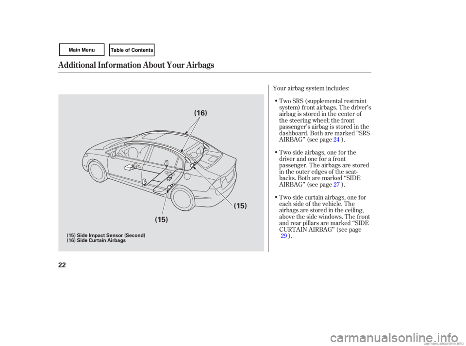 HONDA CIVIC SEDAN 2007   (in English) Owners Guide Two SRS (supplemental  restraint
system)  front airbags.  The driver’s
airbag  is stored  in the  center  of
the  steering  wheel; the front
passenger’sairbagisstoredinthe
dashboard.  Both are mar