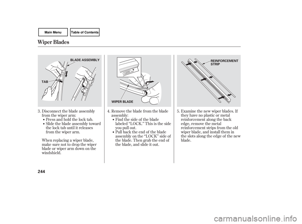 HONDA CIVIC SEDAN 2007 Owners Manual (in English) Examine the new wiper blades. If
they have no plastic or metal
reinf orcement along the back
edge, remove the metal
reinf orcement strips f rom the old
wiper blade, and install them in
the slots along HONDA CIVIC SEDAN 2007 Owners Manual (in English) Examine the new wiper blades. If
they have no plastic or metal
reinf orcement along the back
edge, remove the metal
reinf orcement strips f rom the old
wiper blade, and install them in
the slots along