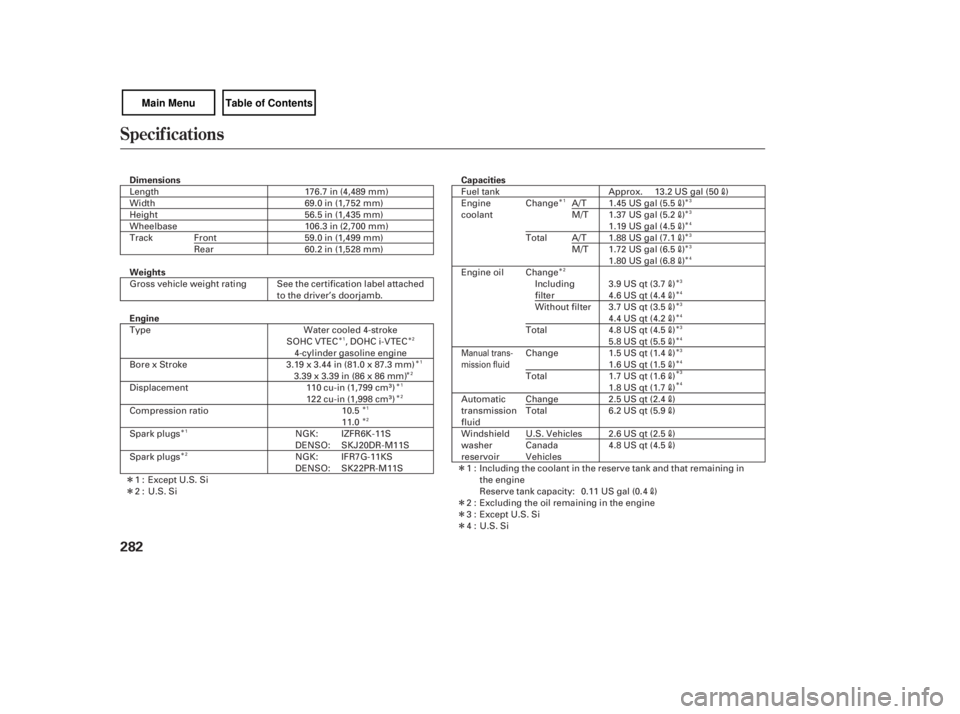 HONDA CIVIC SEDAN 2007  Owners Manual (in English) ÎÎ
Î
Î Î
Î Î
Î
Î
Î
Î
Î
Î
Î
Î
Î
Î
Î Î
Î
Î
Î
Î
Î
Î
Î
Î
Î
Î
Î Î
Î
Î
Î
Specif ications
282
Dimensions
Weights
EngineCapacities
176.7 in 