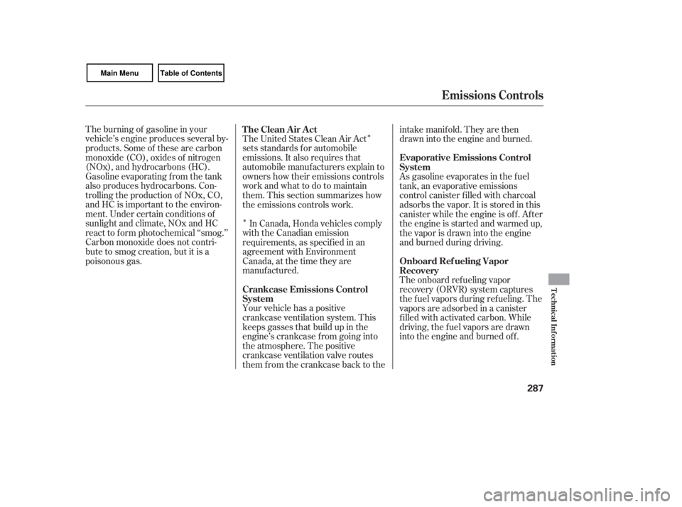 HONDA CIVIC SEDAN 2007  Owners Manual (in English) Î
ÎThe burning of gasoline in your
vehicle’s engine produces several by-
products. Some of these are carbon
monoxide (CO), oxides of nitrogen
(NOx), and hydrocarbons (HC).
Gasoline evaporating f