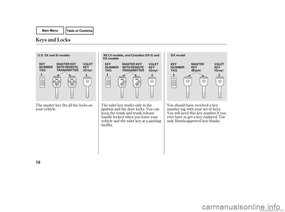 HONDA CIVIC SEDAN 2007   (in English) Manual PDF Youshouldhavereceivedakey
number tag with your set of keys.
You will need this key number if you
ever have to get a key replaced. Use
only Honda-approved key blanks.
The valet key works only in the
ig