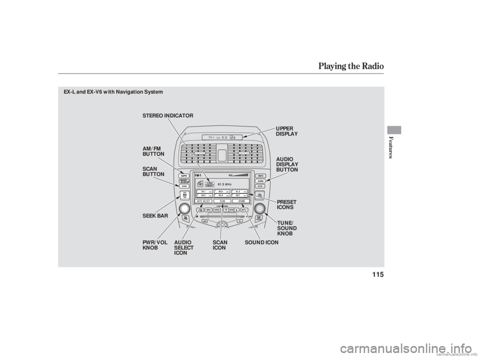 HONDA ACCORD SEDAN 2006  Owners Manual (in English) Playing the Radio
Features
115
SEEK BAR SCAN
BUTTON
PWR/VOL
KNOBUPPER
DISPLAY
PRESET
ICONS
AUDIO
DISPLAY
BUTTON
TUNE/
SOUND
KNOB
STEREO INDICATOR
AM/FM
BUTTON
AUDIO
SELECT
ICON SOUND ICON
SCAN
ICON
EX
