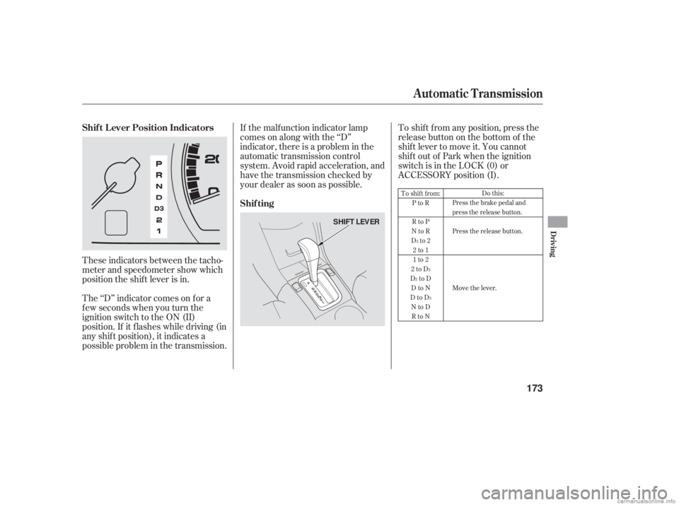HONDA ACCORD SEDAN 2006  Owners Manual (in English) If the malf unction indicator lamp
comes on along with the ‘‘D’’
indicator, there is a problem in the
automatic transmission control
system. Avoid rapid acceleration, and
have the transmission