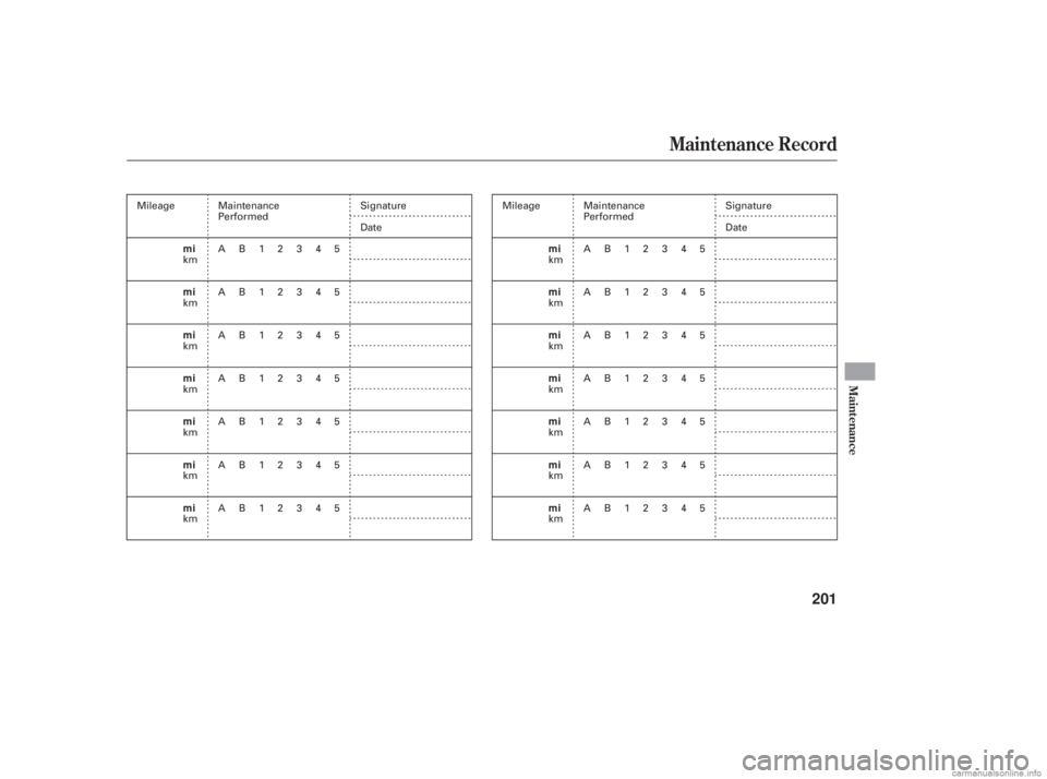 HONDA ACCORD SEDAN 2006 Owners Manual (in English) Maintenance Record
Maint enance
201
mi
mi
mi
mi
mi
mi
mimi
mi
mi
mi
mi
mi
mi
Maintenance
Performed
AB12345
AB12345
AB12345
AB12345
AB12345
AB12345
AB12345 Signature
Date
Maintenance
Performed
AB12345
HONDA ACCORD SEDAN 2006 Owners Manual (in English) Maintenance Record
Maint enance
201
mi
mi
mi
mi
mi
mi
mimi
mi
mi
mi
mi
mi
mi
Maintenance
Performed
AB12345
AB12345
AB12345
AB12345
AB12345
AB12345
AB12345 Signature
Date
Maintenance
Performed
AB12345