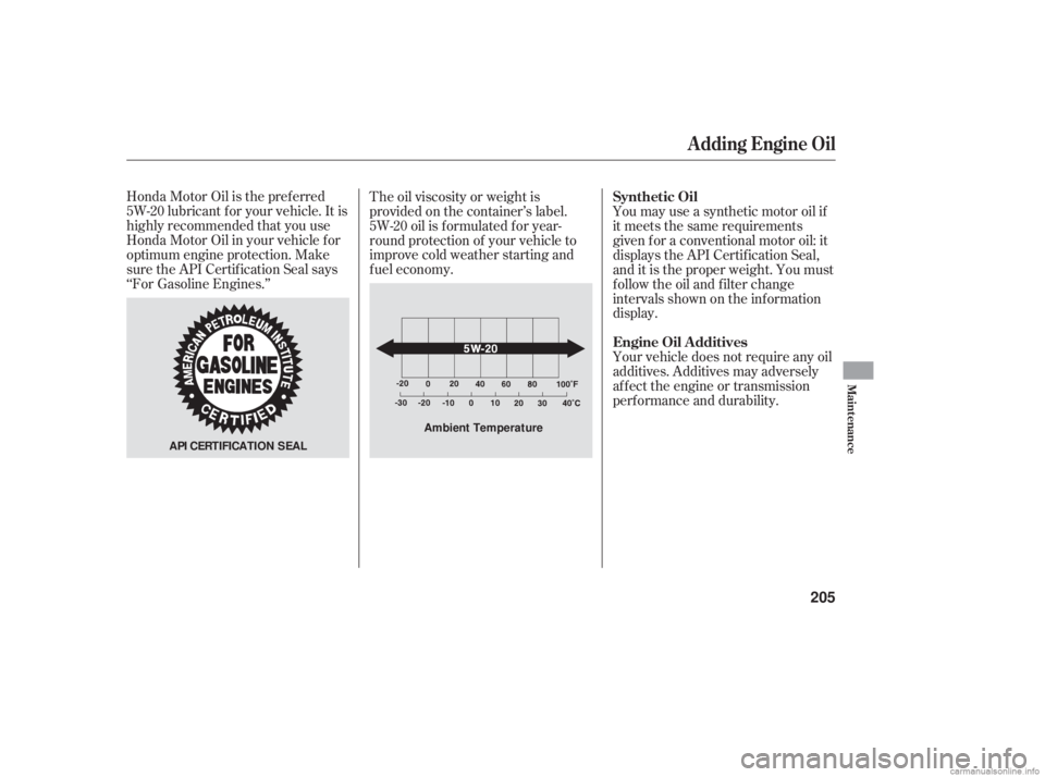 HONDA ACCORD SEDAN 2006  Owners Manual (in English) Honda Motor Oil is the pref erred
5W-20 lubricant f or your vehicle. It is
highly recommended that you use
Honda Motor Oil in your vehicle f or
optimum engine protection. Make
sure the API Certif icat