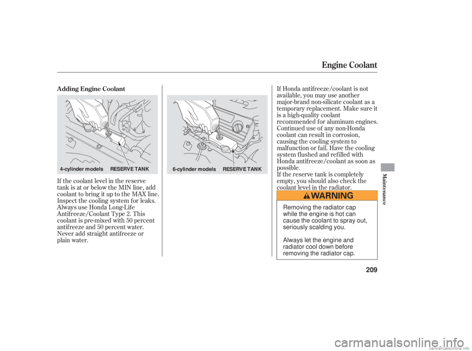 HONDA ACCORD SEDAN 2006 (in English) Owners Guide If Honda antif reeze/coolant is not
available, you may use another
major-brand non-silicate coolant as a
temporaryreplacement.Makesureit
is a high-quality coolant
recommended f or aluminum engines.
Co HONDA ACCORD SEDAN 2006 (in English) Owners Guide If Honda antif reeze/coolant is not
available, you may use another
major-brand non-silicate coolant as a
temporaryreplacement.Makesureit
is a high-quality coolant
recommended f or aluminum engines.
Co