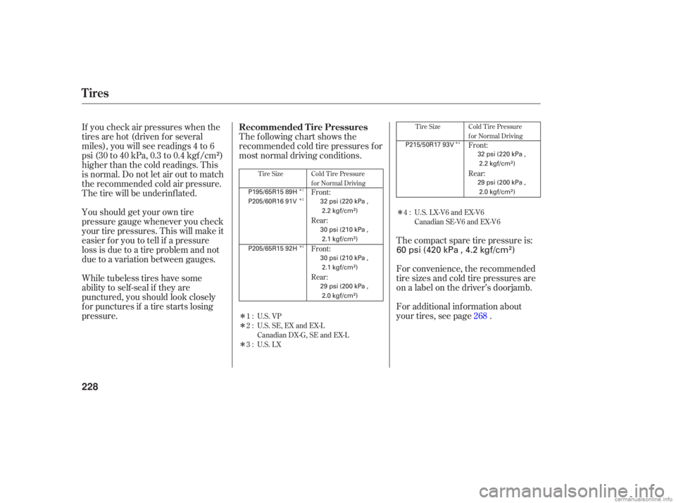 HONDA ACCORD SEDAN 2006  Owners Manual (in English) Î
ÎÎ Î
Î
Î
Î
Î
If 
you  check  air pressures  when the
tires  are hot  (driven  for several
miles),  you will see readings  4 to  6
psi  (30  to 40  kPa,  0.3 to 0.4  kgf/cm  )
higher 