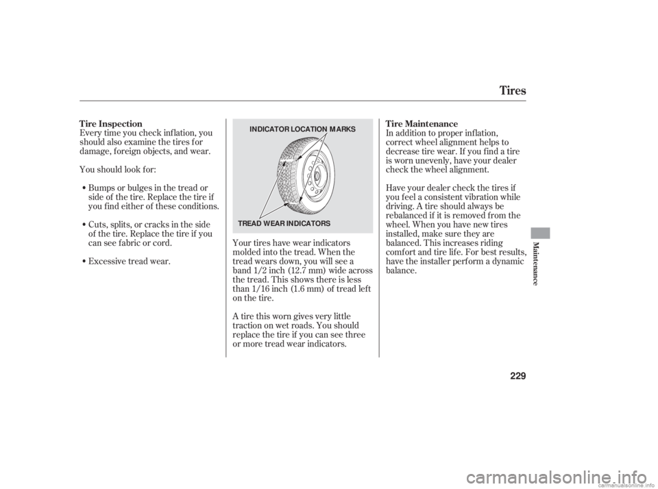 HONDA ACCORD SEDAN 2006  Owners Manual (in English) Every time you check inf lation, you
should also examine the tires f or
damage, f oreign objects, and wear.
Youshouldlookfor:Have your dealer check the tires if
you f eel a consistent vibration while
