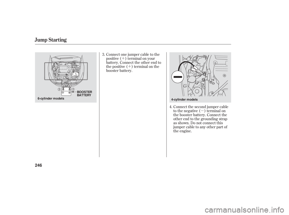 HONDA ACCORD SEDAN 2006  Owners Manual (in English) µ
´
´
Connect the second jumper cable
to the negative ( ) terminal on
the booster battery. Connect the
other end to the grounding strap
as shown. Do not connect this
jumper cable to any other pa