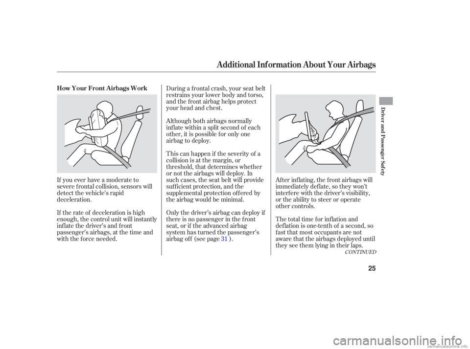 HONDA ACCORD SEDAN 2006 (in English) Owners Guide CONTINUED
After inflating, the front airbags will
immediately deflate, so they won’t
interfere with the driver’s visibility,
or the ability to steer or operate
other controls.
The tot HONDA ACCORD SEDAN 2006 (in English) Owners Guide CONTINUED
After inflating, the front airbags will
immediately deflate, so they won’t
interfere with the driver’s visibility,
or the ability to steer or operate
other controls.
The tot