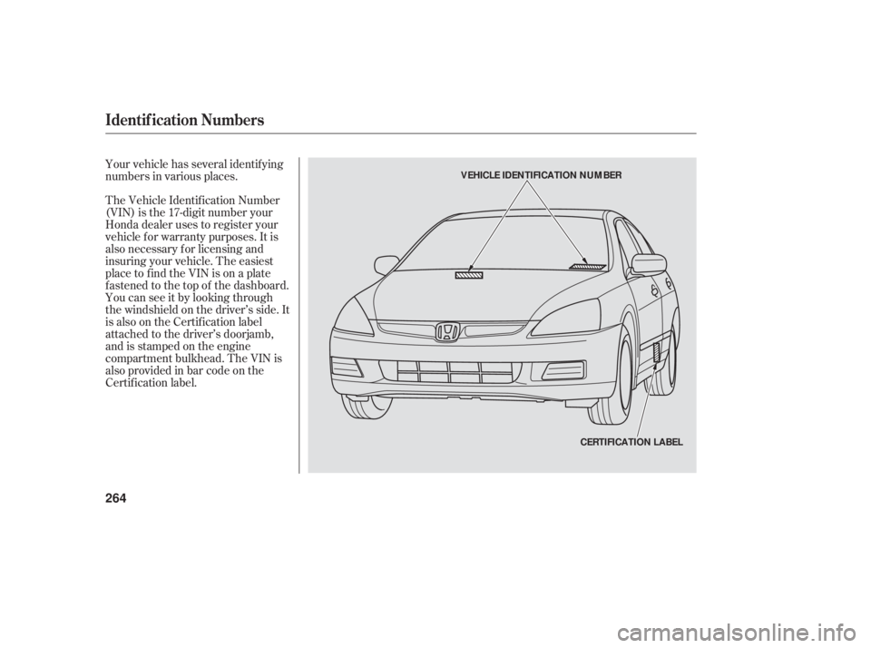 HONDA ACCORD SEDAN 2006   (in English) User Guide The Vehicle Identif ication Number
(VIN) is the 17-digit number your
Honda dealer uses to register your
vehicle f or warranty purposes. It is
also necessary f or licensing and
insuring your vehicle. T