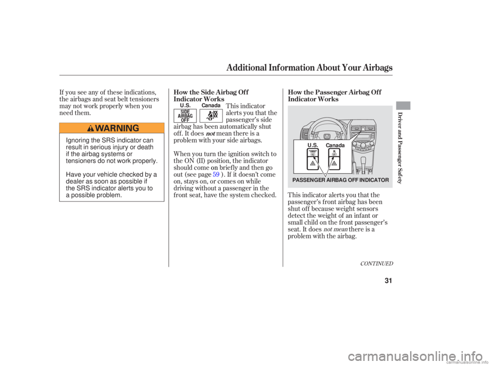 HONDA ACCORD SEDAN 2006  Owners Manual (in English) If you  see any  of these  indications,
the  airbags  and seat  belt tensioners
may  not work properly  when you
need  them. This 
indicator
alerts  you that  the
passenger’s  side
airbag  has been 