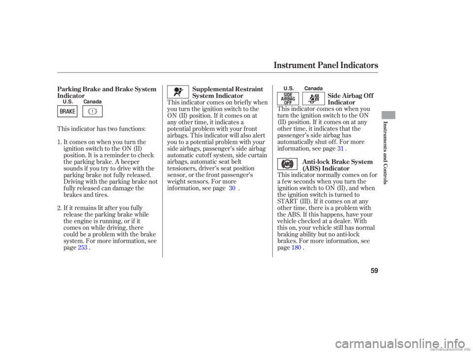 HONDA ACCORD SEDAN 2006  Owners Manual (in English) This indicator  comes  on when  you
turn  the ignition  switch to the  ON
(II)  position.  If it comes  on at any
other  time, it indicates  that the
passenger’s  side airbag  has
automatically  shu