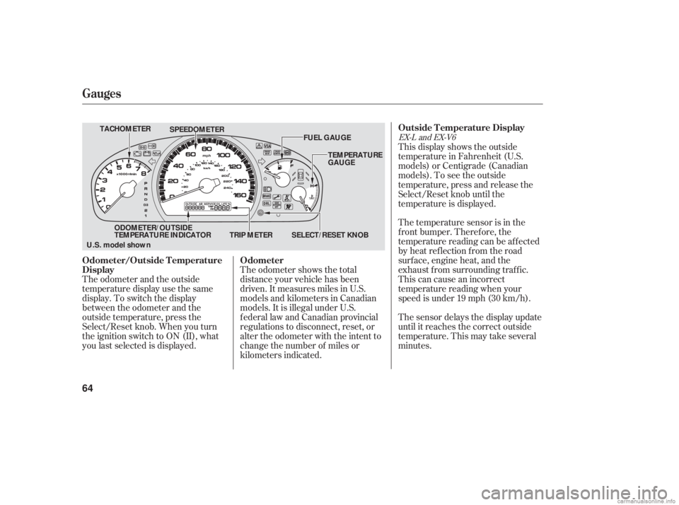 HONDA ACCORD SEDAN 2006   (in English) Repair Manual The odometer shows the total
distance your vehicle has been
driven. It measures miles in U.S.
models and kilometers in Canadian
models. It is illegal under U.S.
federal law and Canadian provincial
reg