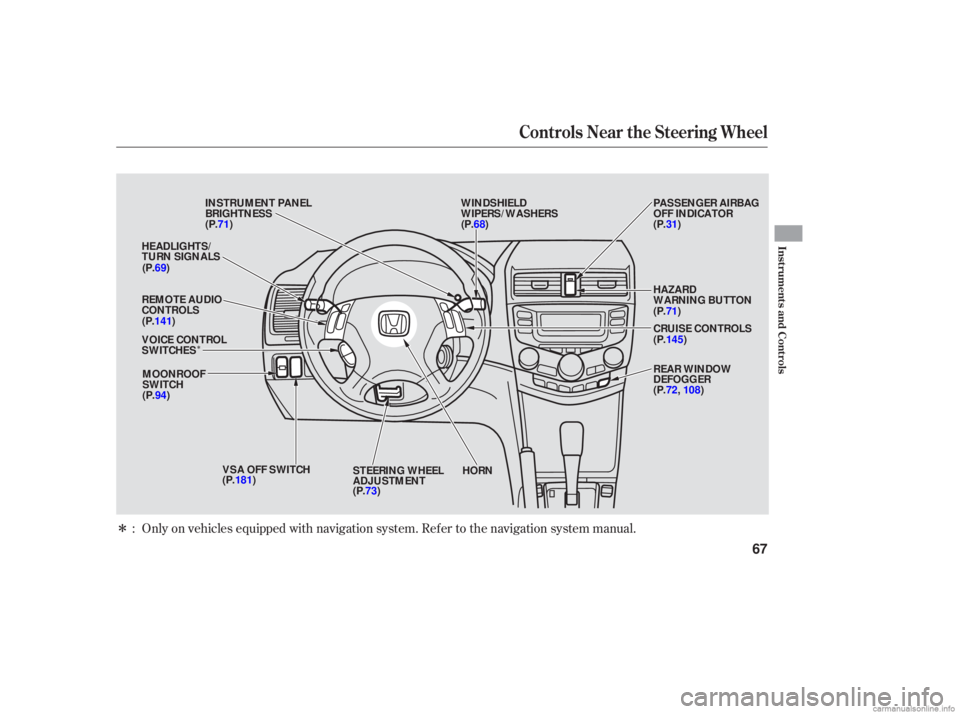 HONDA ACCORD SEDAN 2006  Owners Manual (in English) Î
Î Only  on vehicles  equipped  with navigation  system. Refer to the  navigation  system manual.
:
Controls  Near the Steering  Wheel
Instru m ent sand Cont ro ls
67
WINDSHIELD
WIPERS/WASHERS
IN