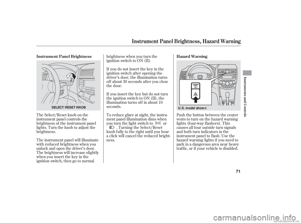 HONDA ACCORD SEDAN 2006   (in English) Manual PDF Push the button between the center
vents to turn on the hazard warning
lights (f our-way f lashers). This
causes all f our outside turn signals
and both turn indicators in the
instrument panel to f la