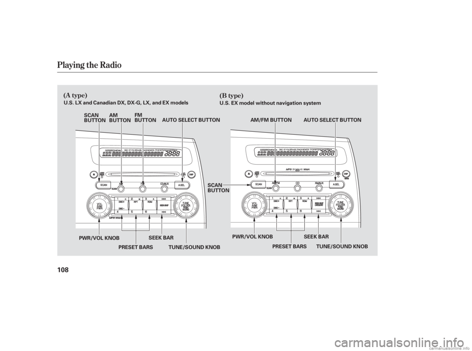 HONDA CIVIC SEDAN 2006  Owners Manual (in English) Playing the Radio
(A type)(B type)
108
U.S. EX model without navigation system
PRESET BARS TUNE/SOUND KNOB PRESET BARSAUTO SELECT BUTTON
AM/FM BUTTON
SEEK BAR SEEK BAR
AM
BUTTON
FM
BUTTON
SCAN
BUTTON
