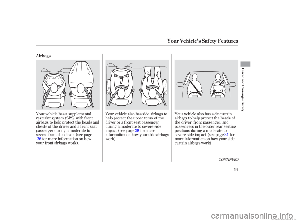 HONDA CIVIC SEDAN 2006  Owners Manual (in English) Your vehicle also has side curtain
airbags to help protect the heads of
the driver, f ront passenger, and
passengers in the outer rear seating
positions during a moderate to
severe side impact (see pa