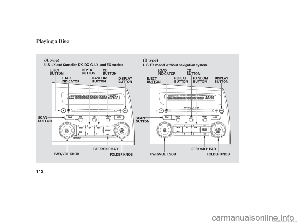 HONDA CIVIC SEDAN 2006  Owners Manual (in English) Playing a Disc
(A type)(B type)
112
SCAN
BUTTON
FOLDER KNOBSCAN
BUTTON
FOLDER KNOB
PWR/VOL KNOB SEEK/SKIP BAR
PWR/VOL KNOBSEEK/SKIP BAR
DISPLAY
BUTTON
RANDOM
BUTTON
REPEAT
BUTTON
LOAD
INDICATOR
EJECT
