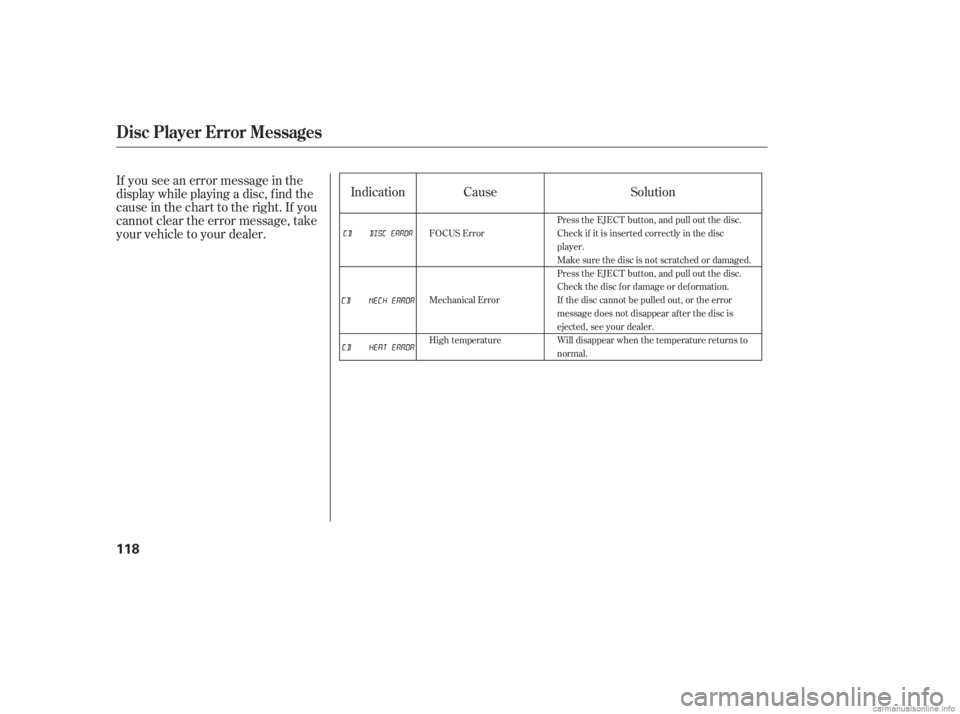 HONDA CIVIC SEDAN 2006  Owners Manual (in English) Indication
If you see an error message in the
display while playing a disc, f ind the
cause in the chart to the right. If you
cannot clear the error message, take
your vehicle to your dealer. Solution