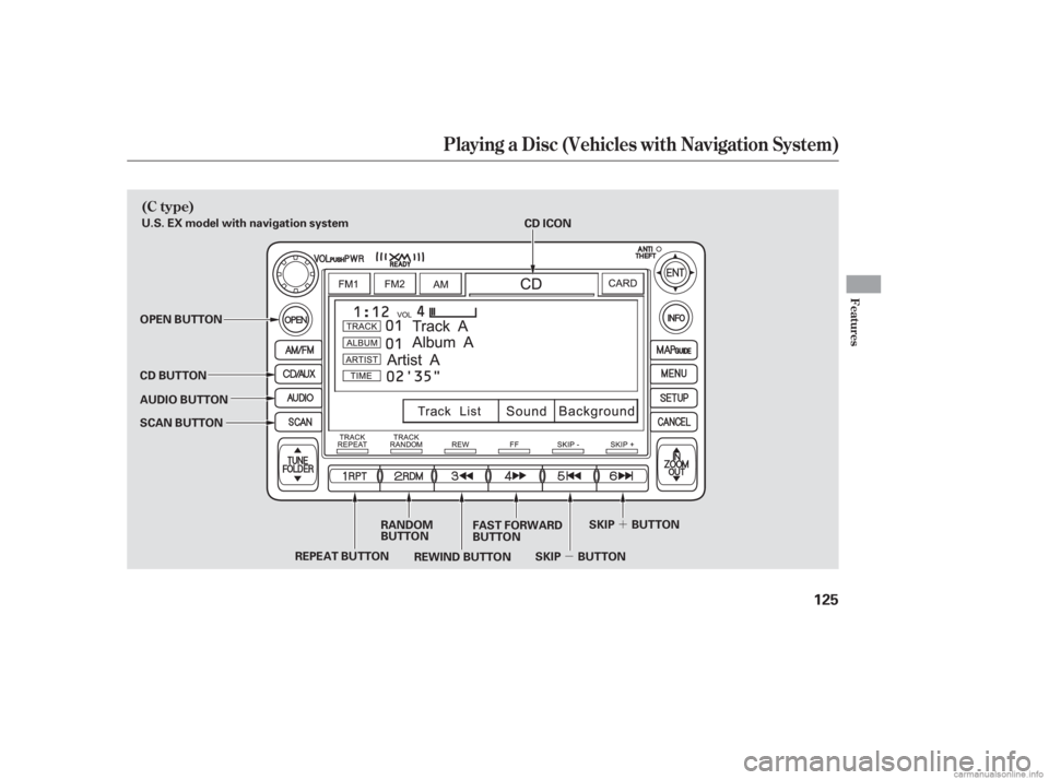 HONDA CIVIC SEDAN 2006  Owners Manual (in English) µ´
Playing a Disc (Vehicles with Navigation System)
Features
(C type)
125
U.S. EX model with navigation system
CD ICON
OPEN BUTTON
CD BUTTON
AUDIO BUTTON
SCAN BUTTON
REPEAT BUTTON SKIP BUTTONSKIP 